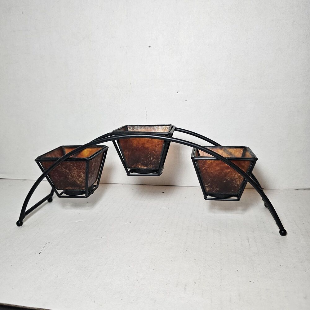 Metal Tea Light Candle Holder 3 Cups Tabletop Arch Bohemian Shabby Dark